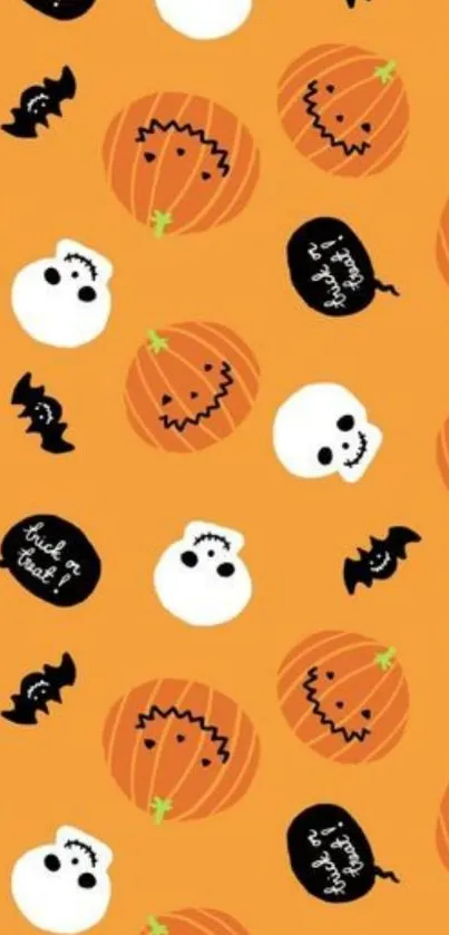 Halloween orange mobile wallpaper with pumpkins, ghosts, and bats.