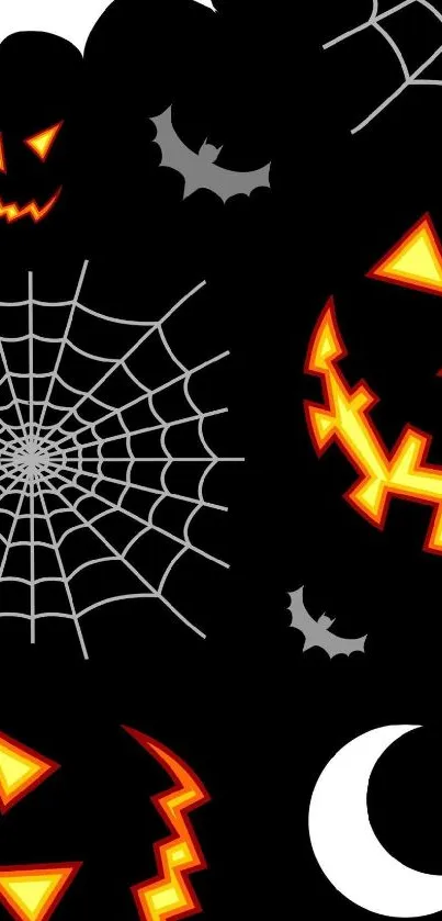 Halloween wallpaper with pumpkins and spider webs on a black background.