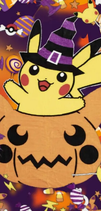 Pikachu in a witch hat sitting on a pumpkin with Halloween candies.