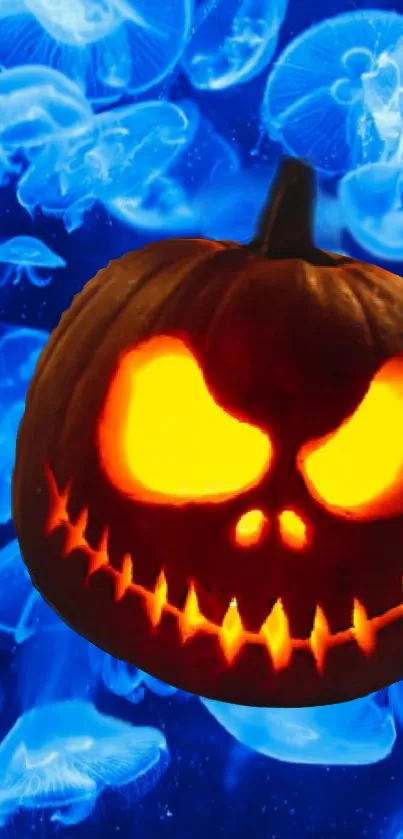 Glowing Halloween pumpkin with blue jellyfish background.