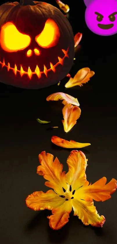 Halloween jack-o'-lantern with petals and evil emoji on dark background.