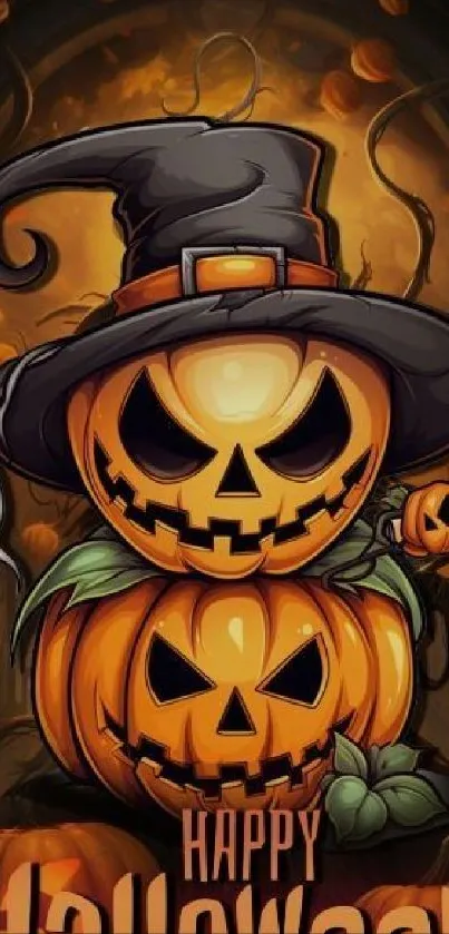 Halloween phone wallpaper with stacked pumpkins.