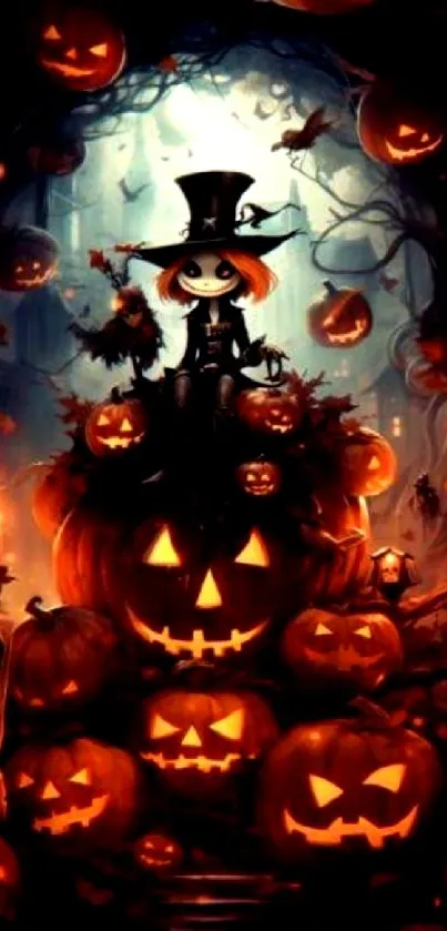 Halloween-themed wallpaper with pumpkins and a whimsical figure.