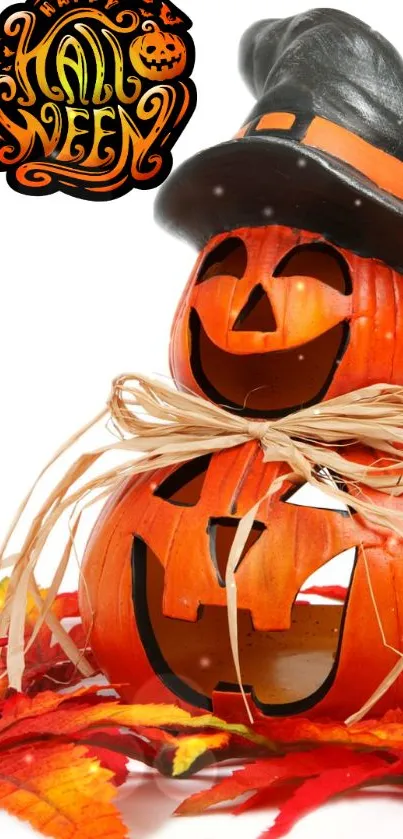 Halloween themed pumpkin art with colorful leaves.