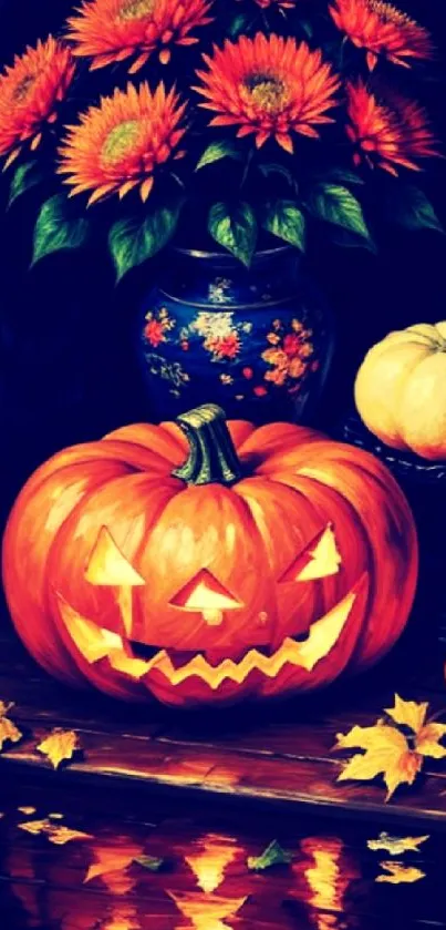 Halloween jack-o'-lanterns with autumn leaves and a vase of flowers.