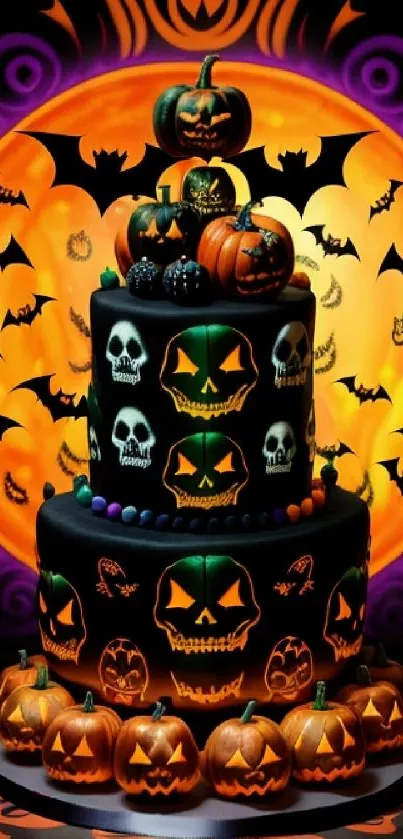 Halloween pumpkin cake with bats and vibrant colors for a spooky mobile wallpaper.