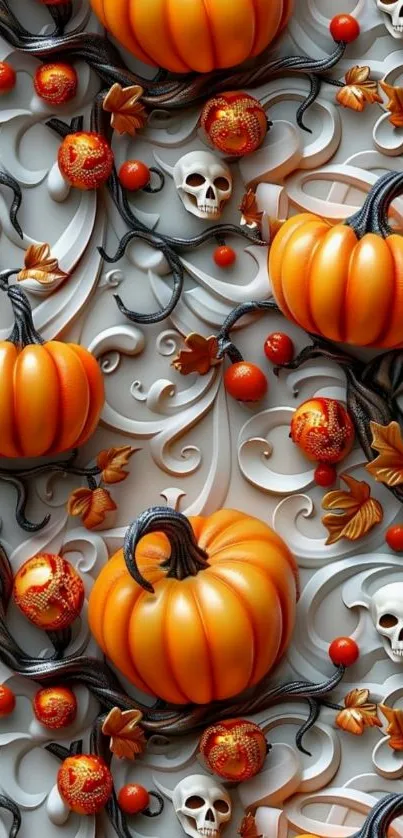 Halloween-themed pumpkin and skull pattern wallpaper.