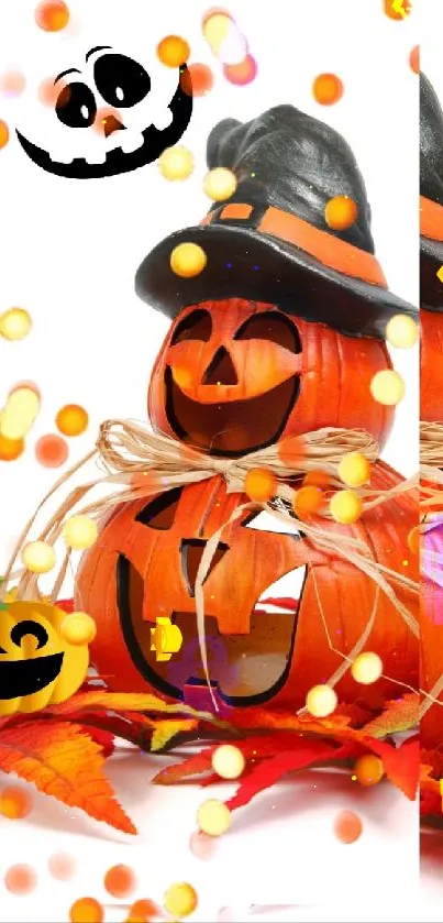 Halloween pumpkins with witch hats and autumn leaves.