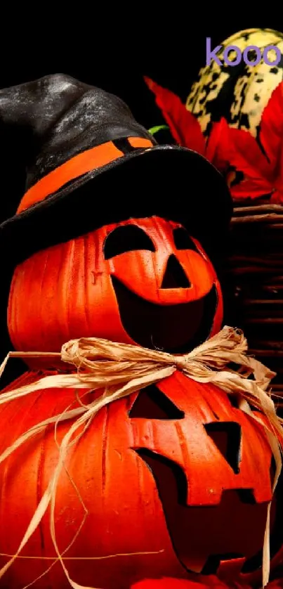 Halloween pumpkins with witch hat and colorful decor.