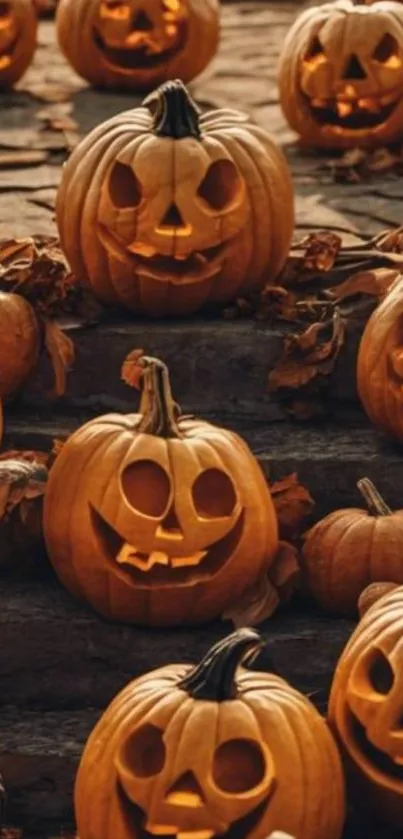 A group of carved pumpkins on steps for Halloween.