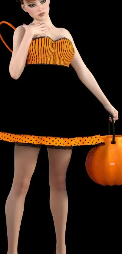 Woman in pumpkin-themed dress with black high heels.