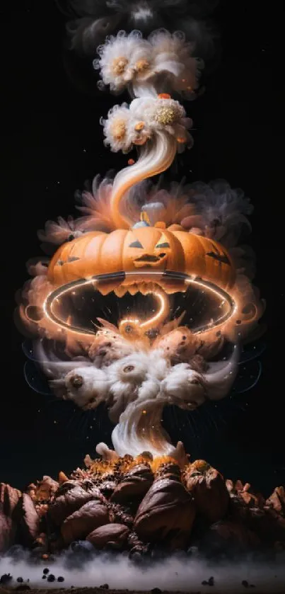 Mystical Halloween pumpkin explosion with smoky, glowing effects.