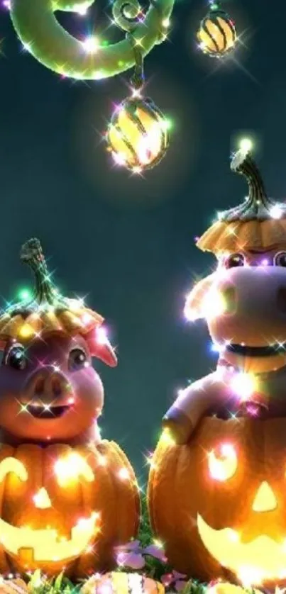 Whimsical Halloween pumpkins glowing at night.