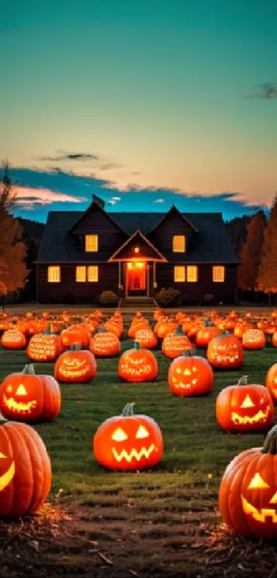 A field of glowing pumpkins with a spooky house in the background, perfect for Halloween.