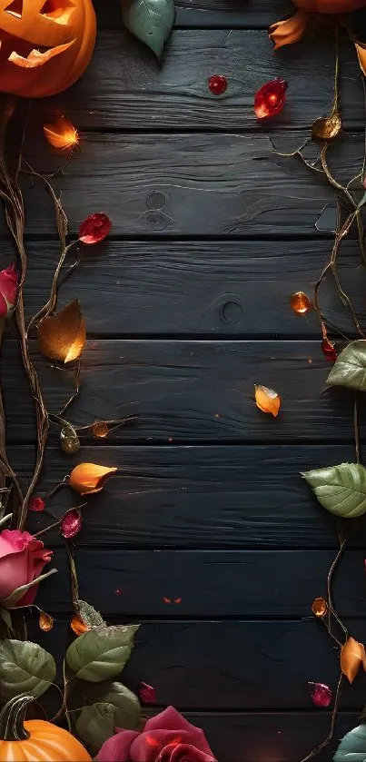 Carved pumpkins and roses on dark wood backdrop.