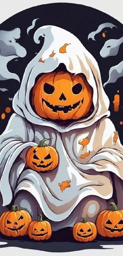 Halloween ghost with pumpkins and candles in artistic mobile wallpaper.