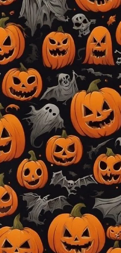 Halloween wallpaper with pumpkins, ghosts, and bats on a dark background.