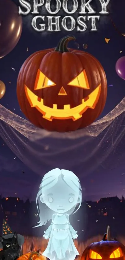 Spooky ghost and glowing pumpkin art with Halloween theme.