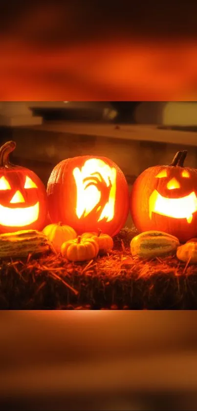 Halloween pumpkin carvings glowing brightly.