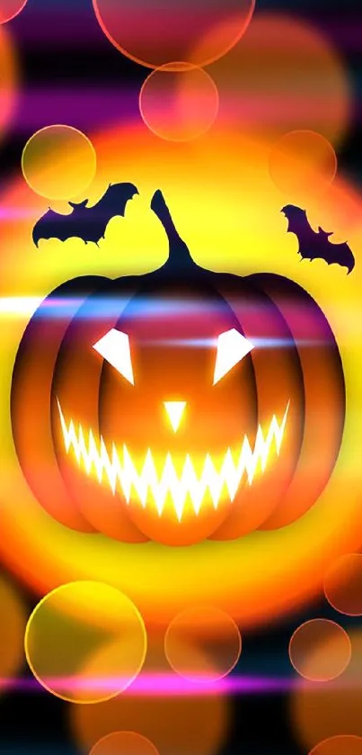 Glowing Halloween pumpkin wallpaper with bats in the background.