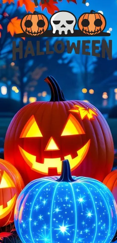 Halloween jack-o'-lanterns glowing under a night sky.