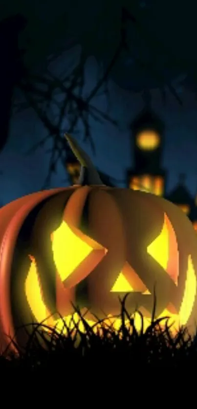 Glowing pumpkin with spooky background scene for Halloween.