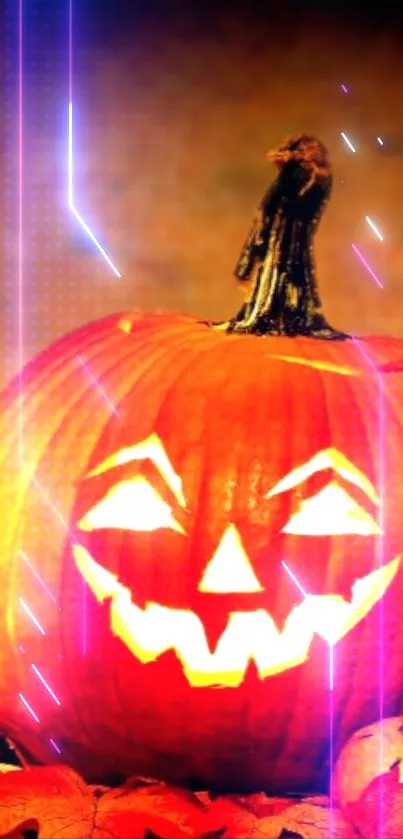 Halloween pumpkins with glowing carved faces surrounded by autumn leaves.