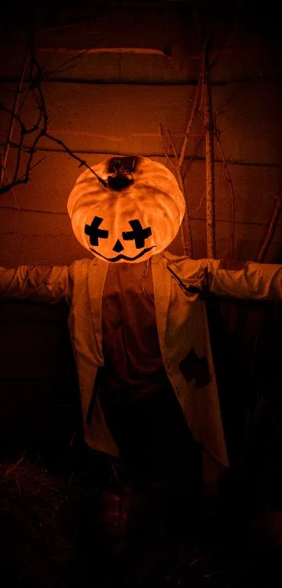 Pumpkin head scarecrow with dark, eerie ambiance for Halloween wallpaper.