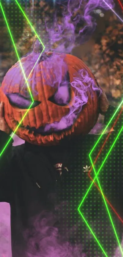 Spooky pumpkin head with neon lights wallpaper.