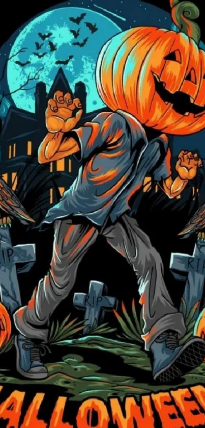 Pumpkin-headed figure in a graveyard with Halloween theme.