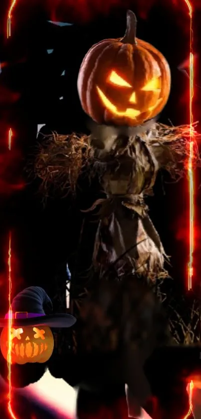 Halloween wallpaper with a glowing pumpkin head scarecrow and fiery effects.