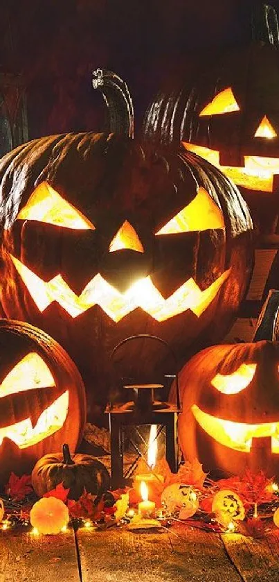 Glowing carved pumpkins for Halloween night.