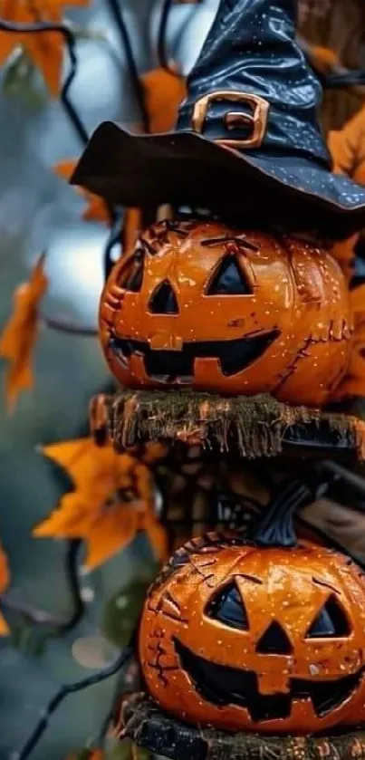 Stacked Jack-o'-lanterns with witch hat amidst autumn leaves.