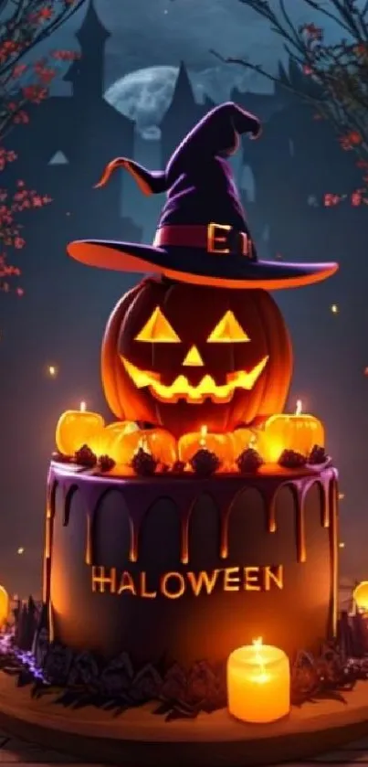 Halloween wallpaper with pumpkin, candles, and moonlit sky.