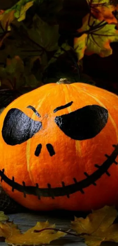 A spooky carved pumpkin with autumn leaves on a dark background.