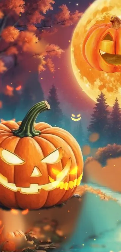 Halloween pumpkin and moon artwork on a mobile wallpaper.