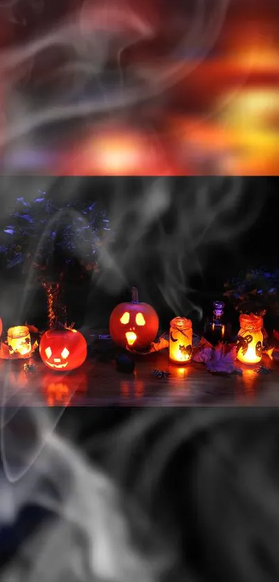 Halloween pumpkins glowing in smoke.