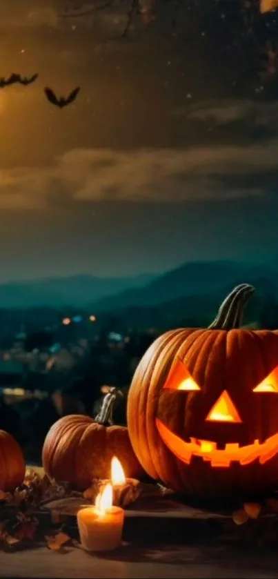 Spooky Halloween scene with glowing pumpkins.