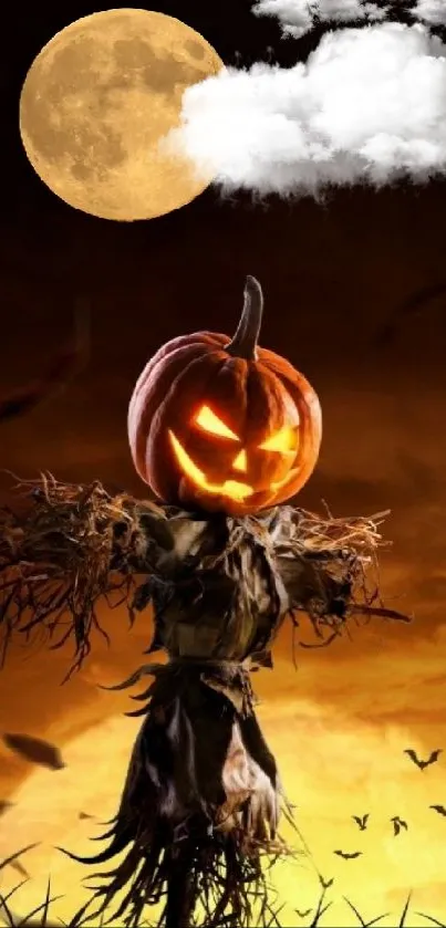 Spooky Halloween wallpaper with jack-o'-lantern scarecrow under a full moon.