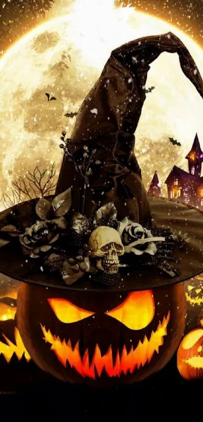 Spooky Halloween wallpaper with pumpkins, moon, and witch hat.