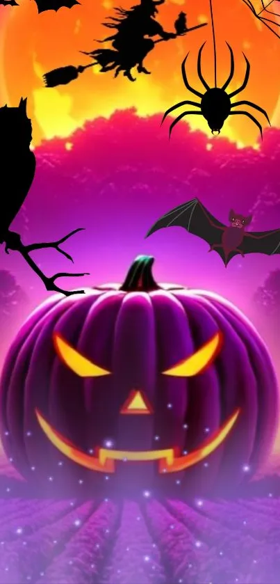 Halloween wallpaper with a purple jack-o'-lantern and spooky silhouettes.