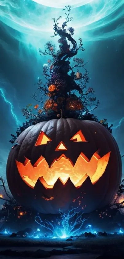 Glowing Halloween pumpkin under eerie night sky.