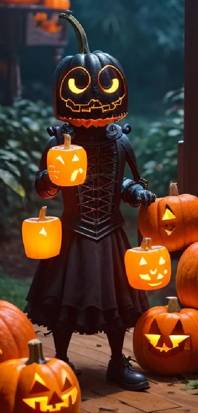 Pumpkin-headed figure with glowing jack-o'-lanterns for Halloween wallpaper.