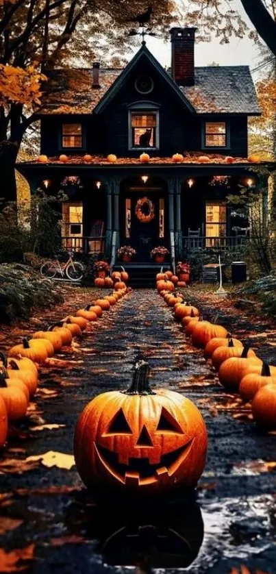 Halloween wallpaper with pumpkins lining the path to a charming house.