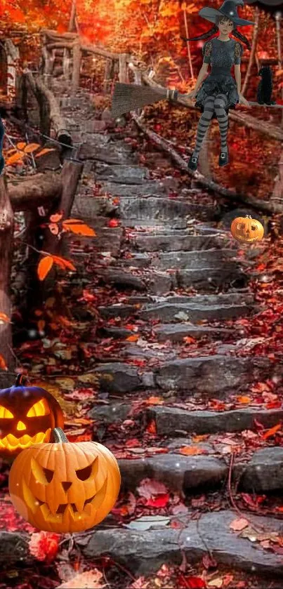 Halloween-themed pathway with pumpkins and autumn leaves.