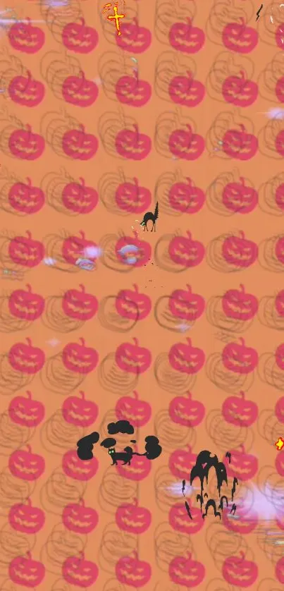 Spooky Halloween wallpaper with pumpkin pattern on orange background.