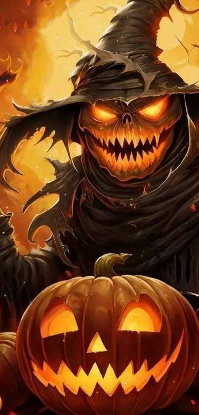 Halloween scarecrow with glowing pumpkin heads, surrounded by flames.