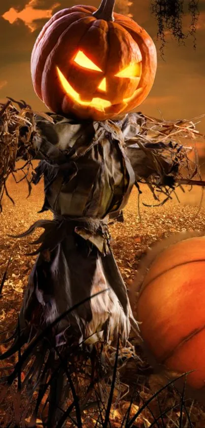 Spooky pumpkin scarecrow in a Halloween-themed field under an orange sky.