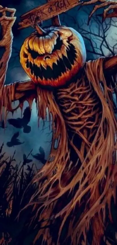 Halloween scarecrow with pumpkin head under a full moon.