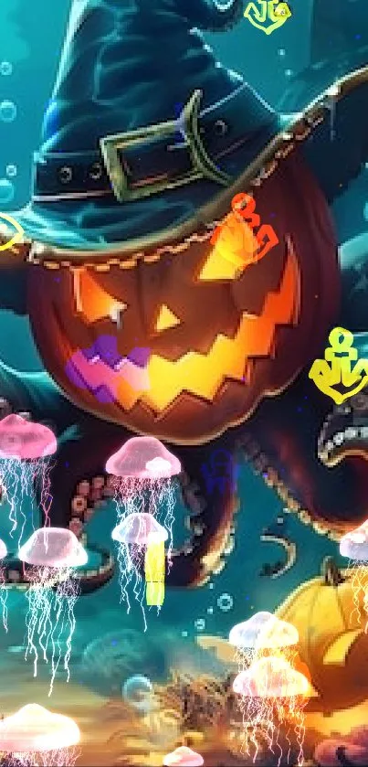 Pumpkin with tentacles and jellyfish underwater.